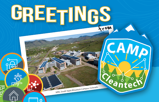 A blue postcard depicting NREL’s Colorado campus and the words, Greetings from Camp Cleantech.